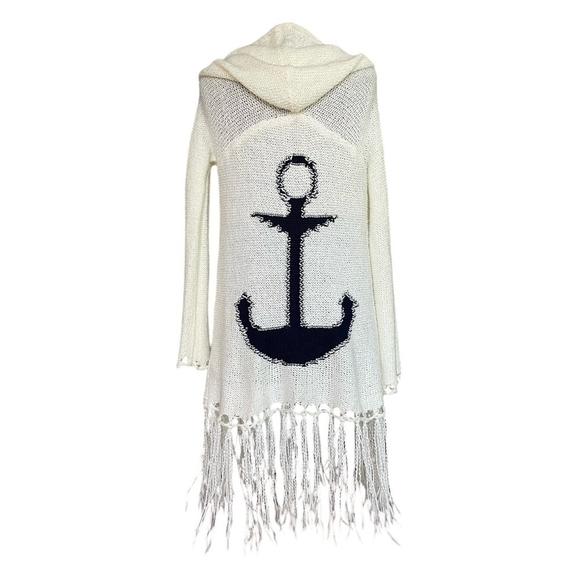 Women Top VINTAGE HAVANA Anchor Hooded Sweater Ivory Blue Knit Pullover Sweater - Picture 1 of 8